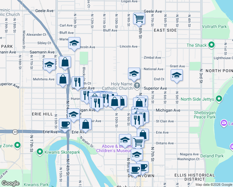 map of restaurants, bars, coffee shops, grocery stores, and more near 1401 North 10th Street in Sheboygan