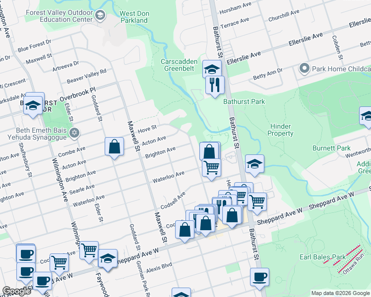 map of restaurants, bars, coffee shops, grocery stores, and more near 87 Brighton Avenue in Toronto