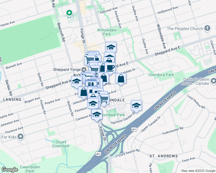 map of restaurants, bars, coffee shops, grocery stores, and more near in Toronto