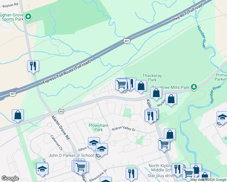 map of restaurants, bars, coffee shops, grocery stores, and more near 5 Beliveau Street in Vaughan