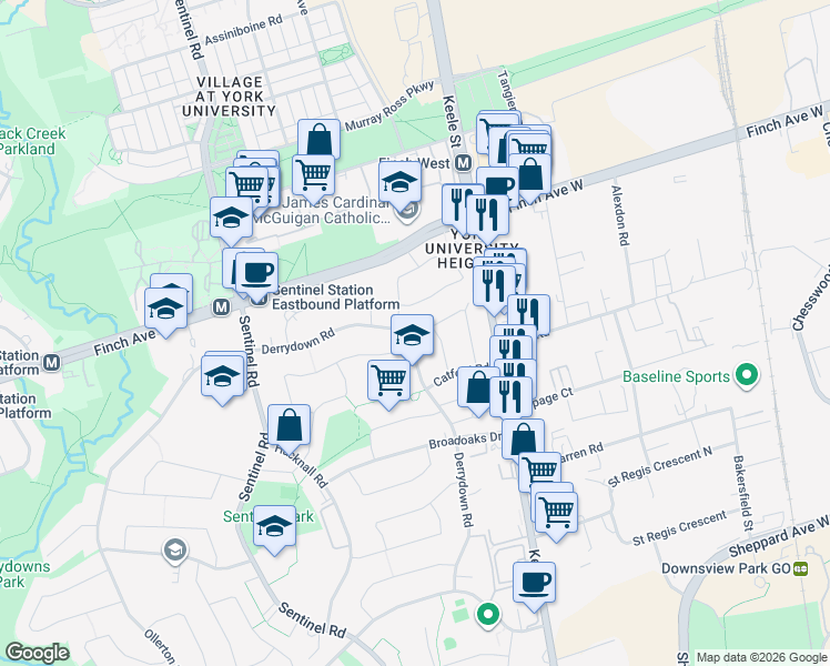 map of restaurants, bars, coffee shops, grocery stores, and more near in Toronto