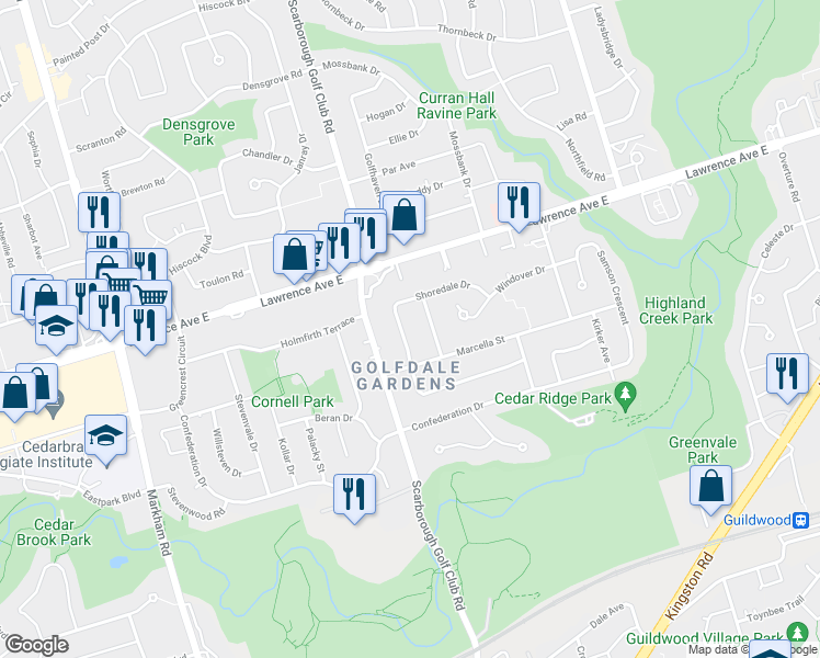 map of restaurants, bars, coffee shops, grocery stores, and more near 17 Gracemount Crescent in Toronto