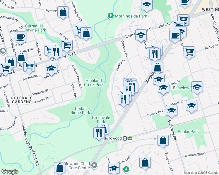 map of restaurants, bars, coffee shops, grocery stores, and more near 76 Celeste Drive in Toronto