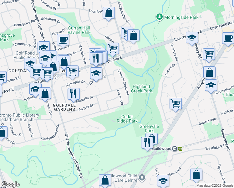 map of restaurants, bars, coffee shops, grocery stores, and more near 118 Kirker Avenue in Toronto
