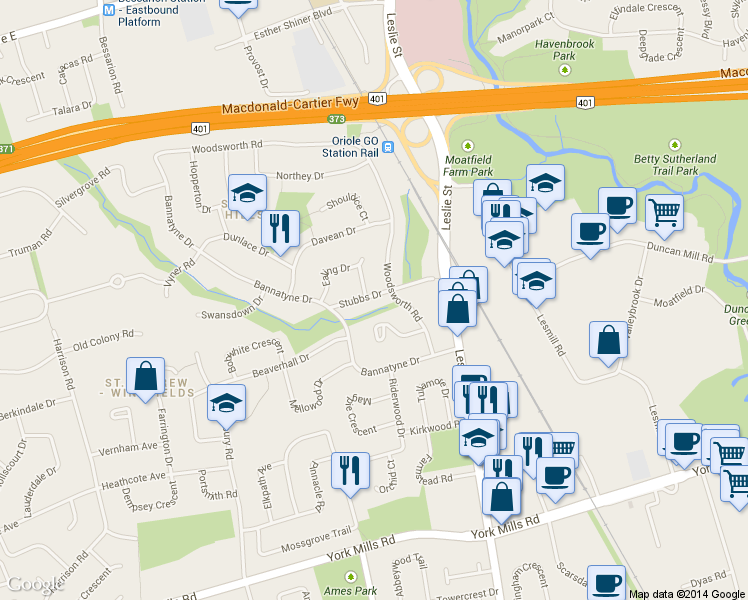 map of restaurants, bars, coffee shops, grocery stores, and more near 19 Stubbs Drive in Toronto