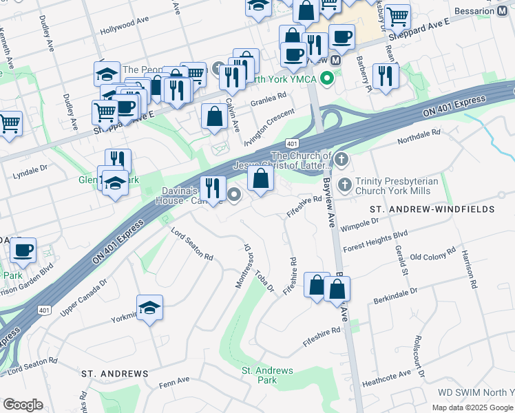 map of restaurants, bars, coffee shops, grocery stores, and more near 11 Carluke Crescent in Toronto