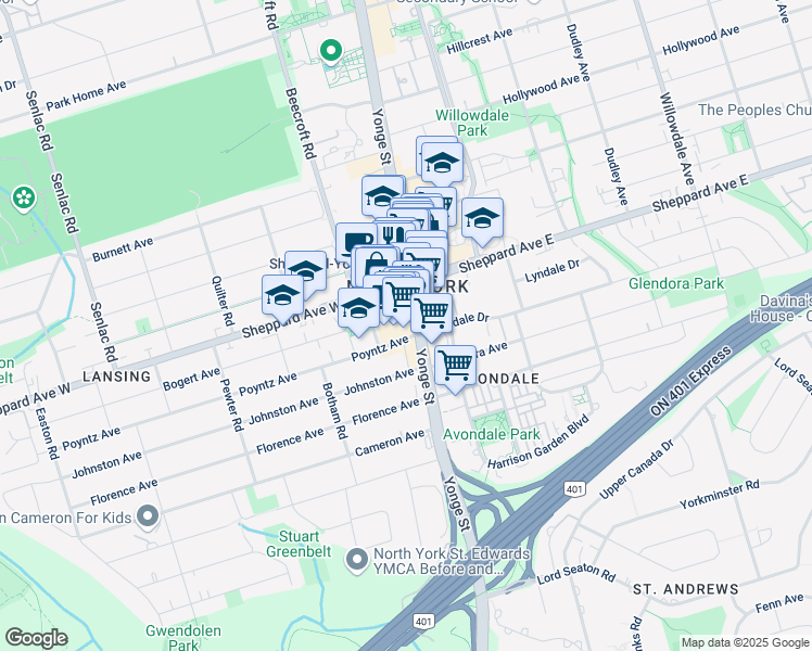 map of restaurants, bars, coffee shops, grocery stores, and more near 25 Sheppard Avenue West in Toronto