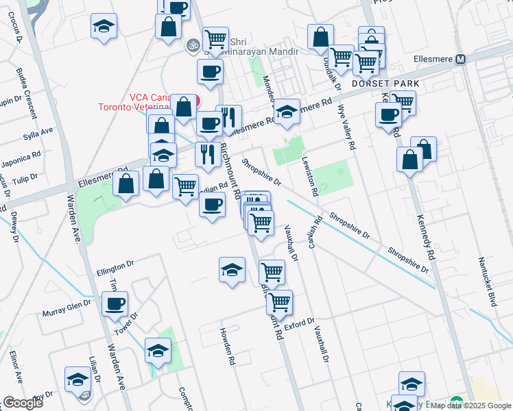 map of restaurants, bars, coffee shops, grocery stores, and more near 1545 Birchmount Road in Toronto