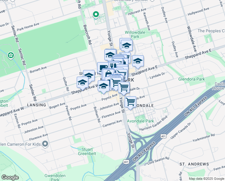 map of restaurants, bars, coffee shops, grocery stores, and more near 11 Bogert Avenue in Toronto