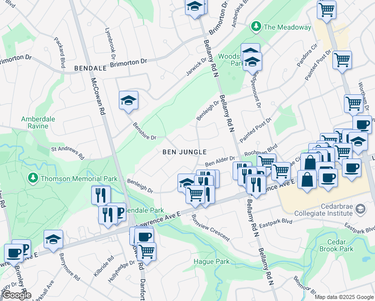 map of restaurants, bars, coffee shops, grocery stores, and more near 9 Benshire Drive in Toronto