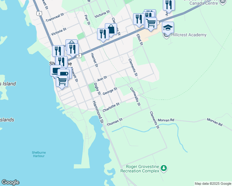 map of restaurants, bars, coffee shops, grocery stores, and more near 107 Parr Street in Shelburne