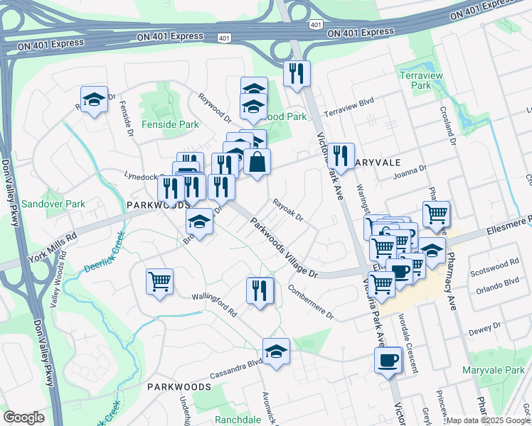 map of restaurants, bars, coffee shops, grocery stores, and more near 67 Parkwoods Village Drive in Toronto