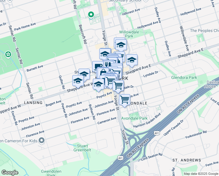 map of restaurants, bars, coffee shops, grocery stores, and more near 25 Sheppard Avenue West in Toronto