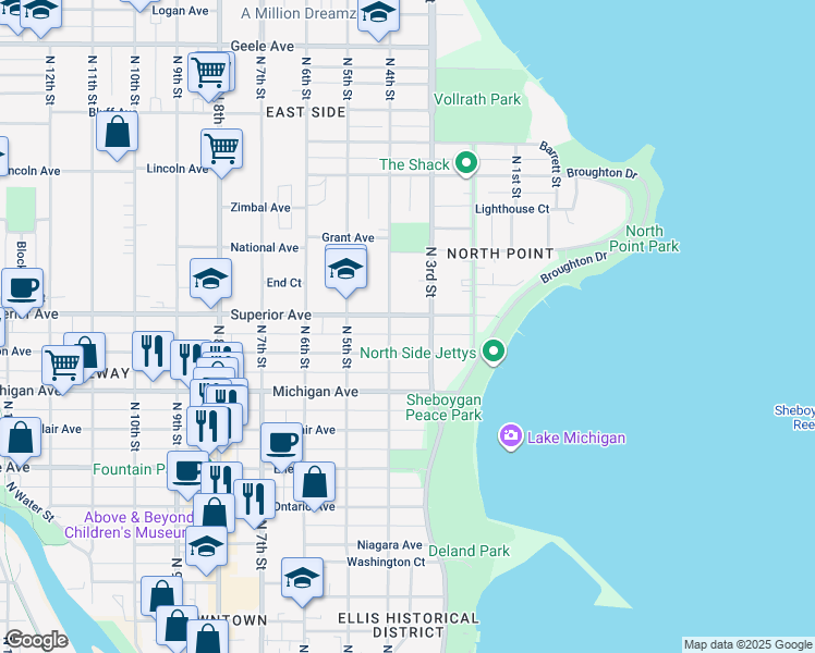 map of restaurants, bars, coffee shops, grocery stores, and more near 310 Superior Avenue in Sheboygan