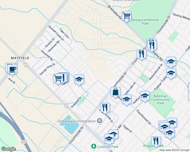 map of restaurants, bars, coffee shops, grocery stores, and more near 46 Russell Creek Drive in Brampton