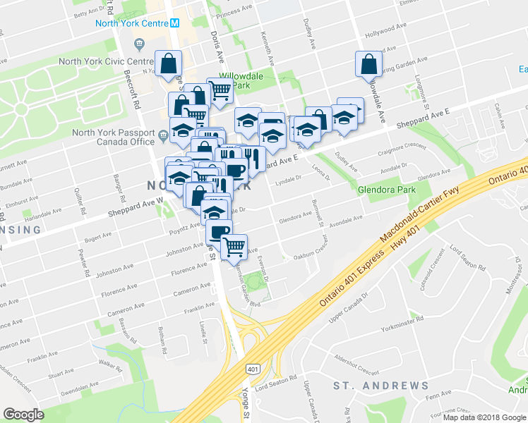 map of restaurants, bars, coffee shops, grocery stores, and more near in Toronto