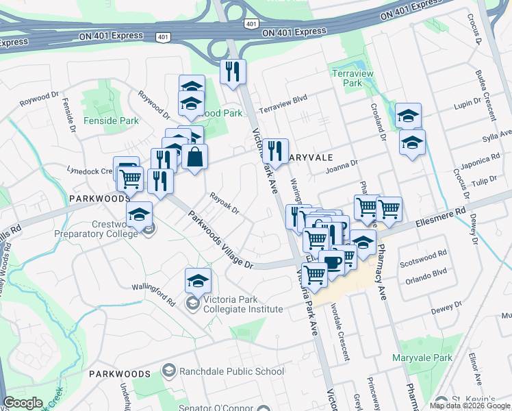 map of restaurants, bars, coffee shops, grocery stores, and more near 104 Pintail Crescent in Toronto