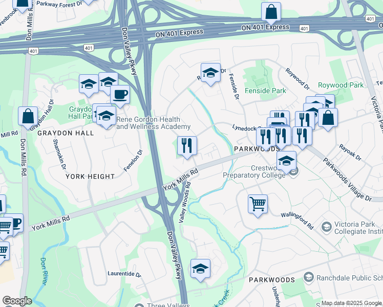 map of restaurants, bars, coffee shops, grocery stores, and more near Sandover Drive in Toronto