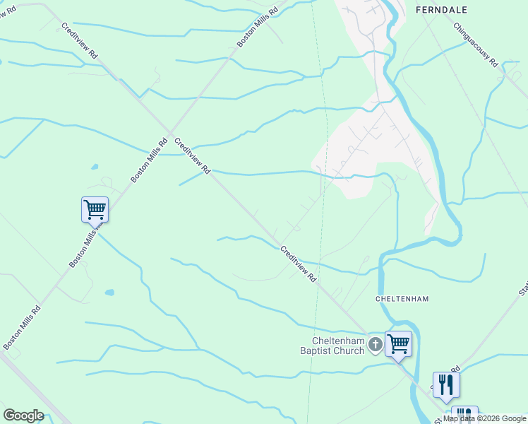 map of restaurants, bars, coffee shops, grocery stores, and more near 14811 Creditview Road in Cheltenham