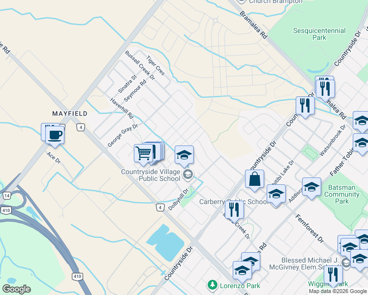 map of restaurants, bars, coffee shops, grocery stores, and more near 46 Saint Dennis Road in Brampton