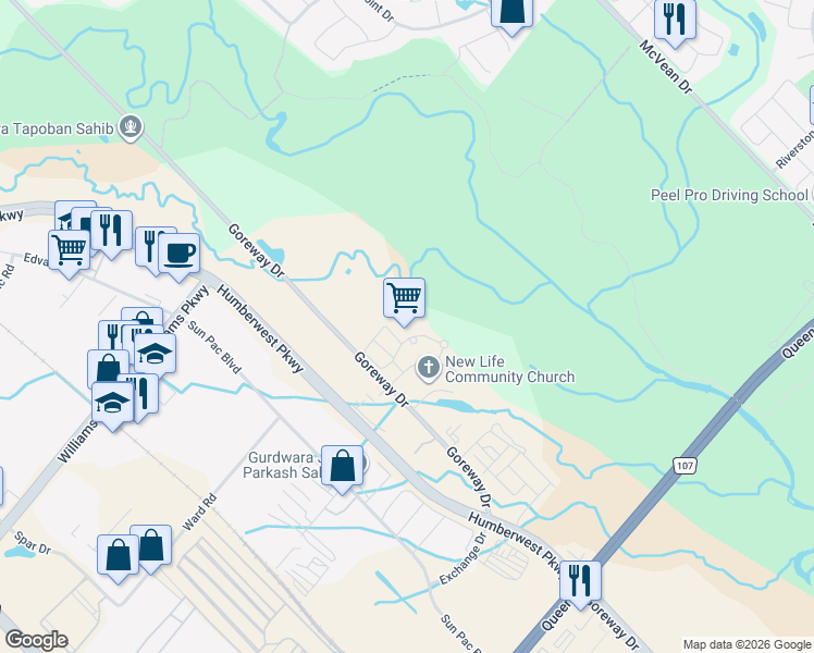 map of restaurants, bars, coffee shops, grocery stores, and more near 4 Dayspring Circle in Brampton