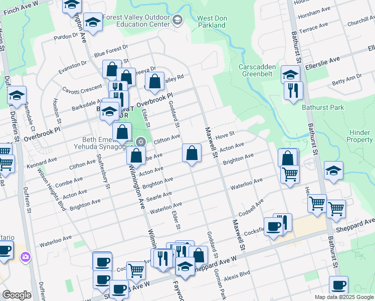 map of restaurants, bars, coffee shops, grocery stores, and more near 67 Combe Avenue in Toronto