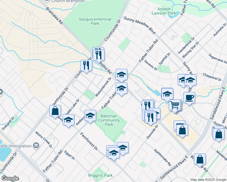 map of restaurants, bars, coffee shops, grocery stores, and more near 352 Father Tobin Road in Brampton