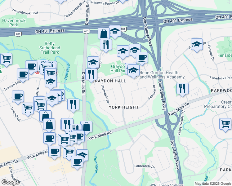 map of restaurants, bars, coffee shops, grocery stores, and more near in Toronto