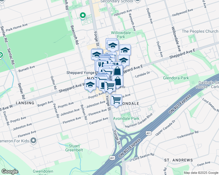 map of restaurants, bars, coffee shops, grocery stores, and more near 2 Anndale Drive in Toronto