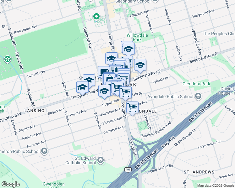 map of restaurants, bars, coffee shops, grocery stores, and more near 9 Bogert Avenue in Toronto
