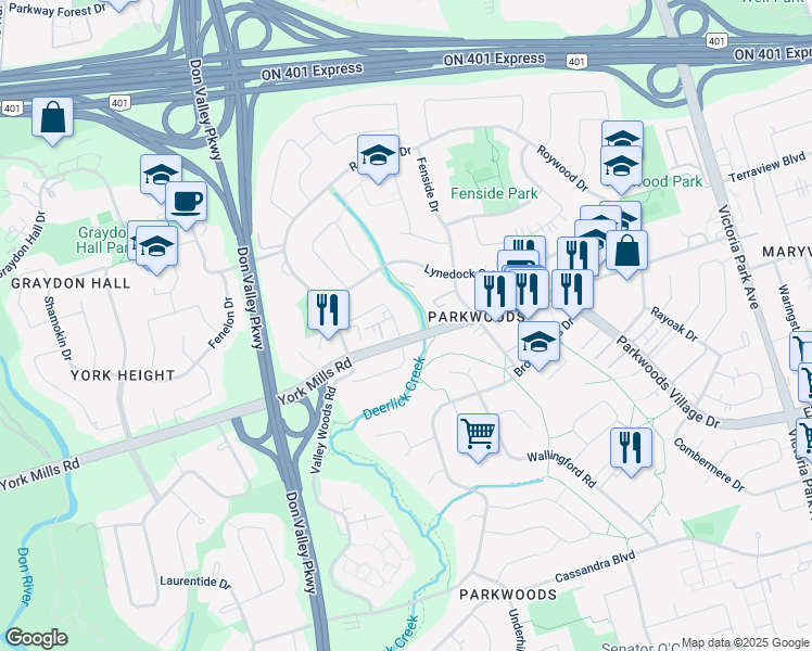 map of restaurants, bars, coffee shops, grocery stores, and more near 32 Clayland Drive in Toronto