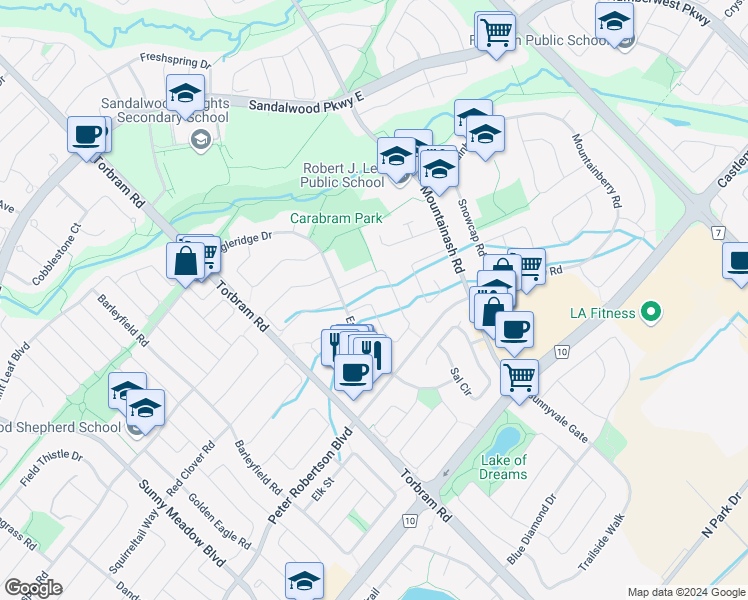 map of restaurants, bars, coffee shops, grocery stores, and more near 18 Bighorn Crescent in Brampton