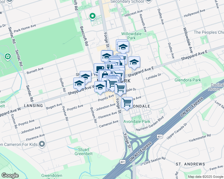 map of restaurants, bars, coffee shops, grocery stores, and more near 9 Bogert Avenue in Toronto