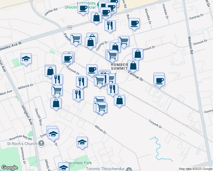 map of restaurants, bars, coffee shops, grocery stores, and more near 196 Toryork Drive in Toronto