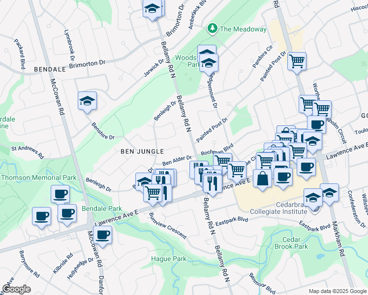map of restaurants, bars, coffee shops, grocery stores, and more near in Toronto