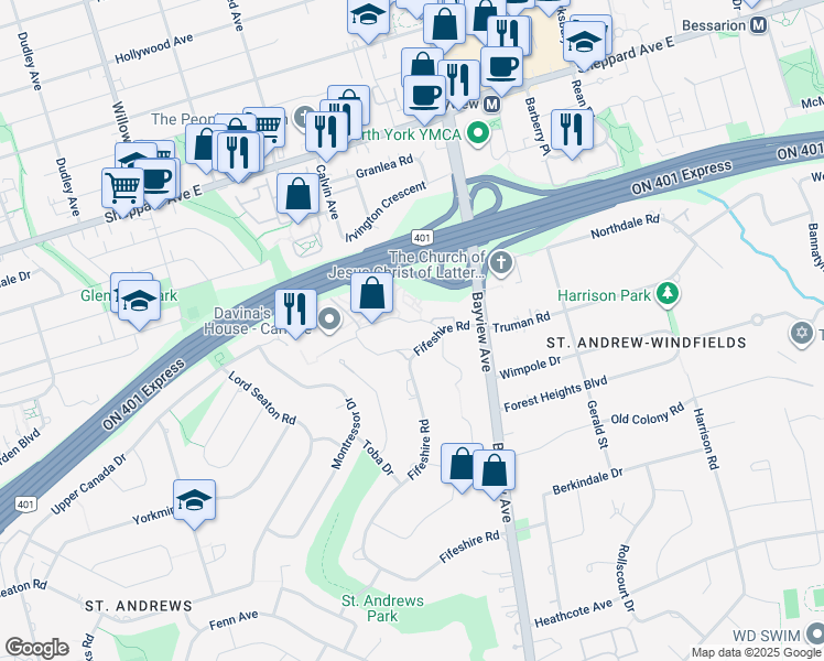 map of restaurants, bars, coffee shops, grocery stores, and more near in Toronto