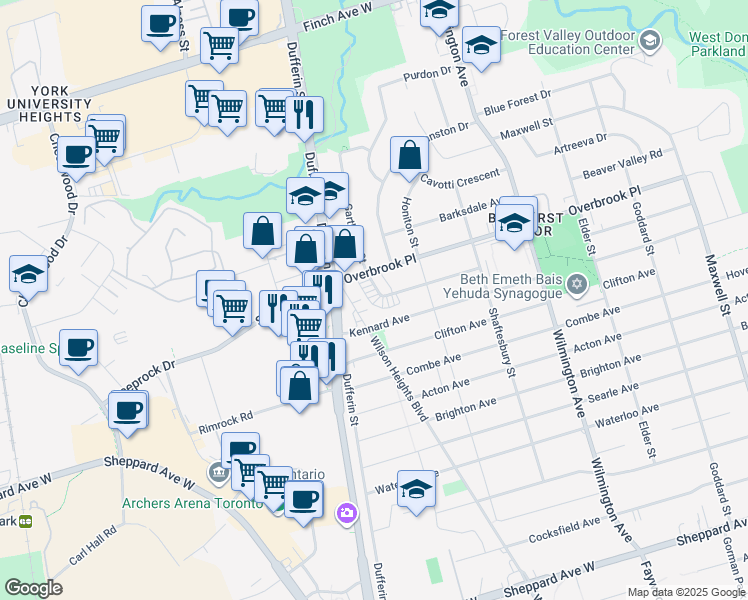 map of restaurants, bars, coffee shops, grocery stores, and more near in Toronto