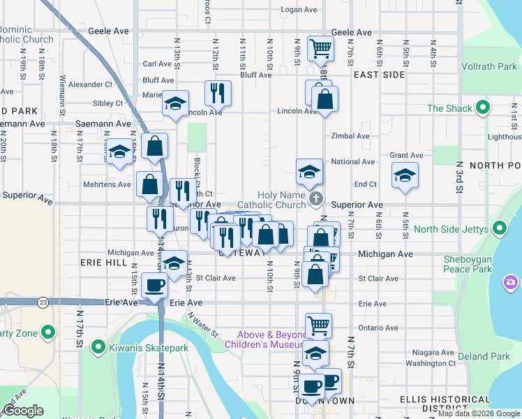 map of restaurants, bars, coffee shops, grocery stores, and more near 1016 Superior Avenue in Sheboygan