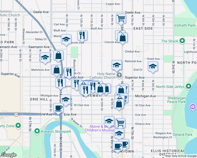 map of restaurants, bars, coffee shops, grocery stores, and more near 1016 Superior Avenue in Sheboygan