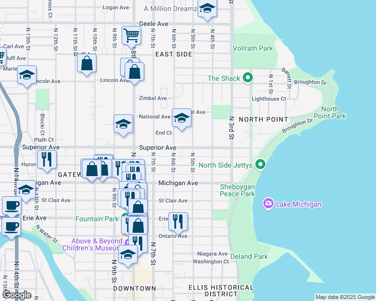 map of restaurants, bars, coffee shops, grocery stores, and more near 1510 North 5th Street in Sheboygan