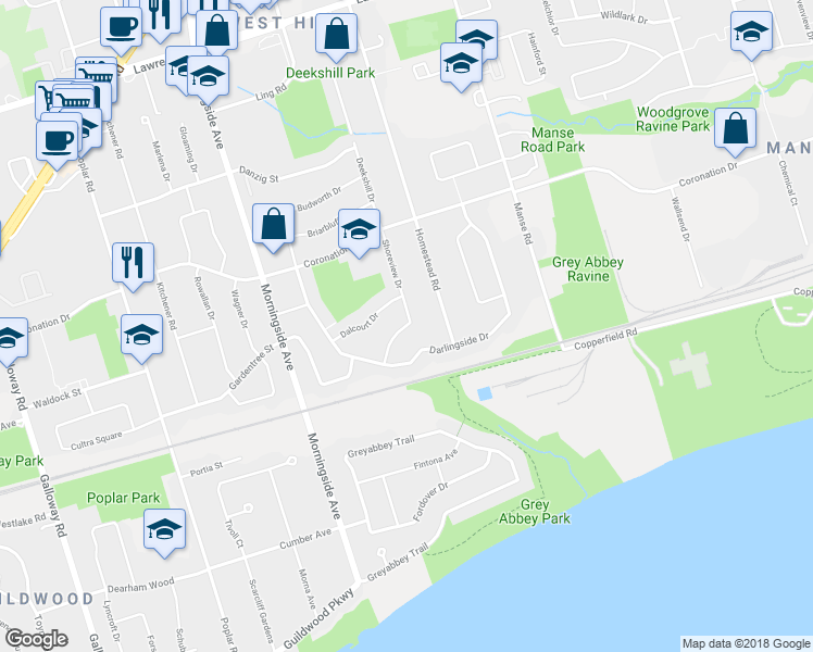 map of restaurants, bars, coffee shops, grocery stores, and more near 15 Shoreview Drive in Toronto