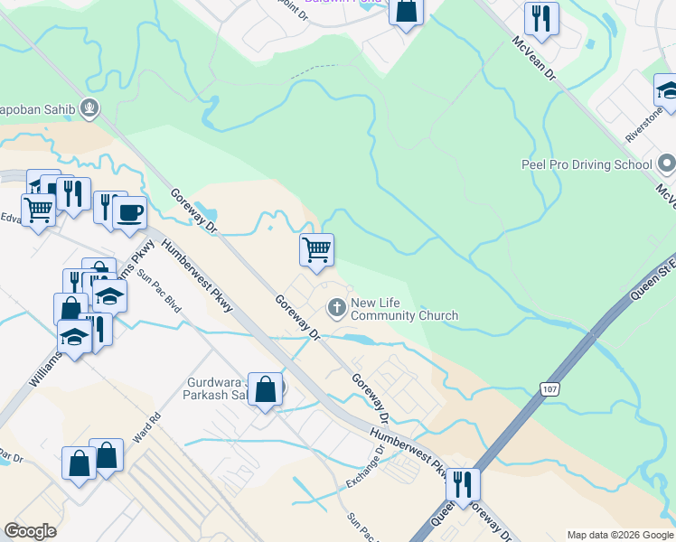 map of restaurants, bars, coffee shops, grocery stores, and more near 8 Dayspring Circle in Brampton