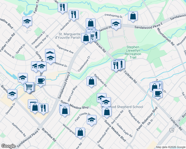 map of restaurants, bars, coffee shops, grocery stores, and more near 156 Barleyfield Road in Brampton