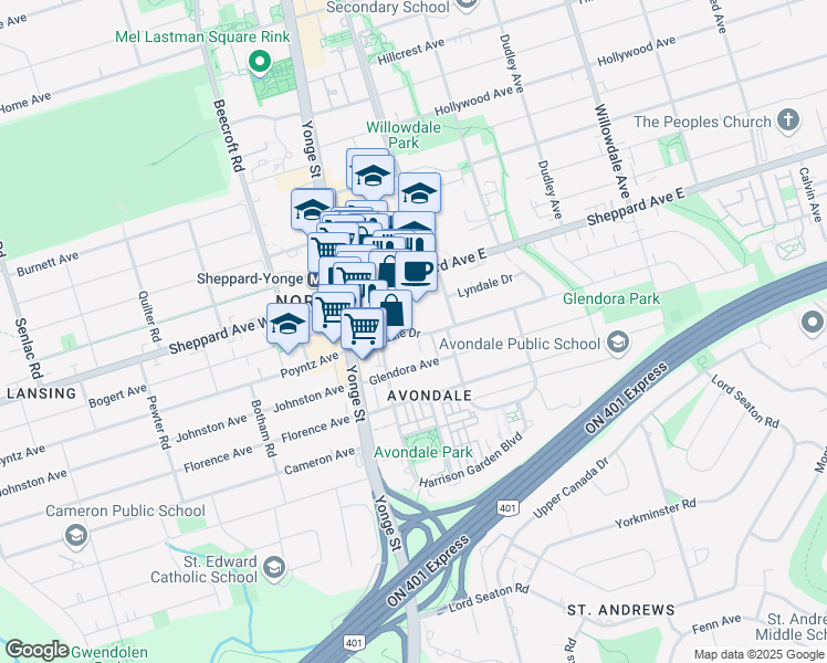 map of restaurants, bars, coffee shops, grocery stores, and more near in Toronto