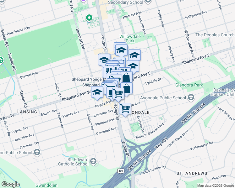 map of restaurants, bars, coffee shops, grocery stores, and more near 2 Anndale Drive in Toronto
