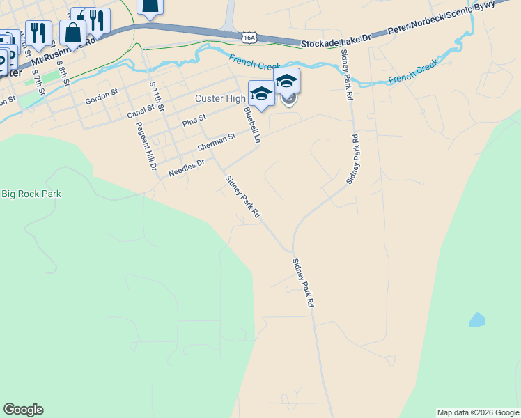 map of restaurants, bars, coffee shops, grocery stores, and more near in Custer