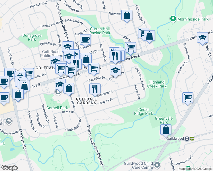map of restaurants, bars, coffee shops, grocery stores, and more near 19 Windover Drive in Toronto