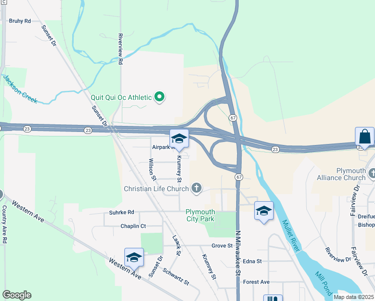 map of restaurants, bars, coffee shops, grocery stores, and more near 1223 Krumrey Street in Plymouth