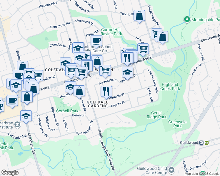 map of restaurants, bars, coffee shops, grocery stores, and more near in Toronto