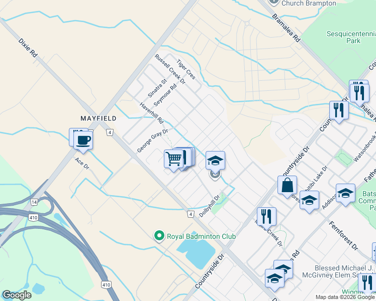 map of restaurants, bars, coffee shops, grocery stores, and more near 22 Yellowknife Road in Brampton
